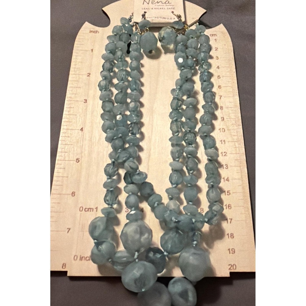 Nena 3-Strand Lucite Necklace & Earring beaded Chunky Retro Blue Gray Statement